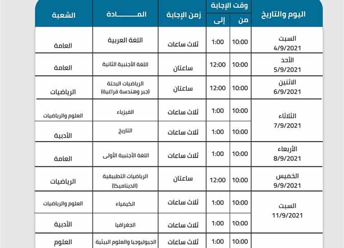 جدول امتحانات الدور الثاني للثانوية العامة جدول امتحانات الدور الثاني للثانوية العامة